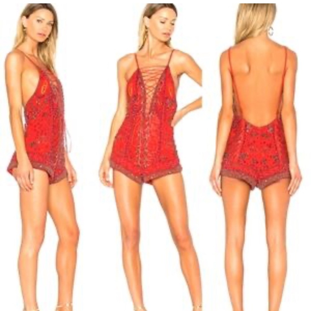 Red Lace-Up Beaded Romper - Women's Jumpsuit